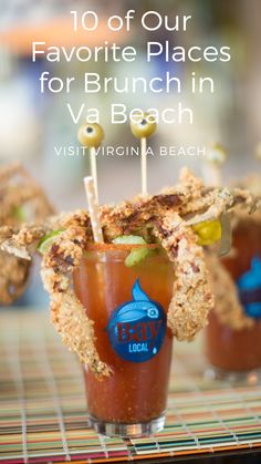 an appetizer with toothpicks in it and the words 10 of our favorite places for brunch in va beach