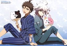 two anime characters sitting on the ground with stuffed animals in their hands and one holding a fan