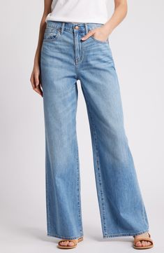 Inspired by styles from the '90s, these high-waist jeans made from nonstretch denim feature ultrawide legs and chic sanding and whiskering at the thighs. 30 1/2" inseam, 23" leg opening; 12" front rise; 14" back rise (size 29) Zip fly with button closure Five-pocket style 100% cotton Machine wash, tumble dry Imported High Waosted Jeans, Wide Leg Jeans Gordinha, Wide Leg Jeans Nordstrom, Calça Wide Leg Jeans Plus Size, Jeans Zw The Marine Straight, Marlene Jeans, Fall Wardrobe Essentials, Summer Wardrobe Essentials, Made Clothing