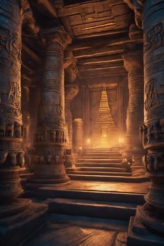 the interior of an ancient temple with columns and pillars, lit up by candle lights