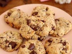 chocolate chip cookies on a pink plate