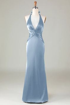 Details:   Indulge in luxury with our Mermaid Halter Dusty Blue Long Satin Bridesmaid Dress. This stunning halter maxi dress in a gorgeous dusty blue hue exudes elegance and sophistication. Perfect for any special occasion, this dress is sure to make a statement . Made with high-quality satin fabric, this dress is perfect for formal events and weddings. Its timeless design and luxurious material will make any bridesmaid feel elegant and sophisticated.   Features:    Silhouette: Sheath Style Satin Dress Prom, Satin Dress Formal, Light Blue Dress Black Women, Dress With The Back Out, Beautiful Long Dress, Unique Gown Design Beautiful, Oval Neckline Dress, Neck Halter Dress, Squared Neckline Dresses