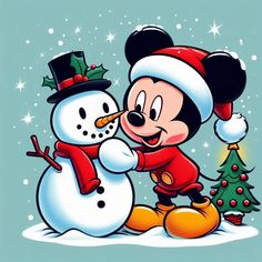 the mickey mouse is making a snowman with his nose