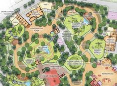 a plan for a park with lots of trees and buildings in the middle of it