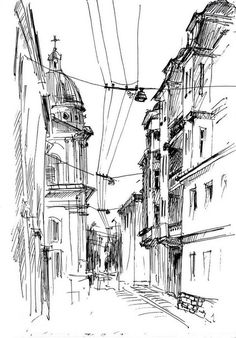 a black and white drawing of an alleyway