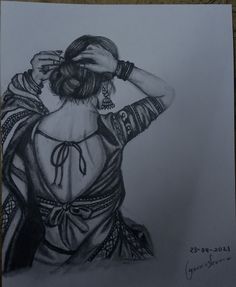 a pencil drawing of a woman with her hands on her head, looking down at the ground