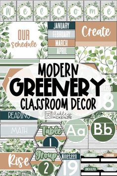 modern greenery classroom decor is featured in this graphic art workbook, with the title'modern greenery classroom decor '