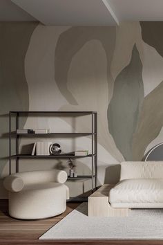 a living room with white furniture and a large wallpapered mural behind the couch