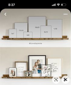 two shelves with pictures and frames on them, one is displaying the family's photos