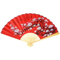 a red fan with white flowers on it