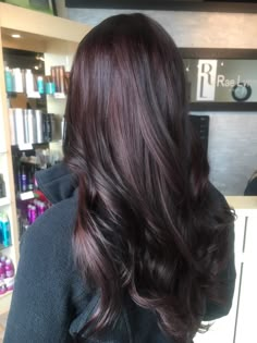 Mahogany Balayage Hair, Plum Tinted Brown Hair, Dark Black Plum Hair Color, Burgundy Hair Brunettes, Black Hair Mahogany Balayage, Black Cherry Plum Hair Color, Dark Brown Purple Tint Hair, Subtle Burgundy Balayage, Cherry Brown Hair Balayage