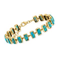 Ross-Simons - Turquoise Bracelet in 18kt Gold Over Sterling. 7". There's always a time for turquoise. Our eclectic bracelet showcases the earthy beauty of 4x8mm rectangular stabilized turquoise cabochons, each with a striking added copper matrix. Finely crafted in polished 18kt yellow gold over sterling silver with a 1" extender. Lobster clasp, turquoise bracelet. Tourqouis Jewelry, Unique Turquoise Bracelet, Turquoise And Gold Jewelry, Building Outfits, Purim Costume, Earthy Beauty, Turquoise Gold Ring, Lapis Jewelry, Wrist Accessories