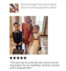 Bohemian Burnt Orange/Blush/Green/Terracotta Floral Bow Tie & Cinnamon Rust Suspenders- This set is a great choice for family photos, boho wedding, ring bearer outfit, birthday celebration or any other special occasion. Want to be 100% certain about the color? Simply order a color swatch and we will get one in the mail for you! Click here: https://theboldbowtie.com/search?q=swatch**Care Instructions**~Spot clean with warm water~Not intended for sleep~Do not leave young children unattended while Boho Ring Bearer, Wedding Ring Bearer Outfit, Boho Wedding Ring, Wedding Ring Bearer, Orange Blush, Gentlemen Wear, Bearer Outfit, Outfit Birthday, Plaid Bow Tie