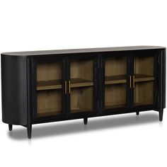 a black and gold sideboard with glass doors on the bottom, two shelves below