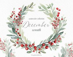 watercolor christmas wreath with red berries and green leaves