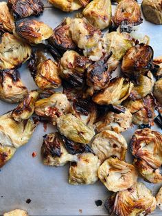 roasted brussel sprouts on a baking sheet