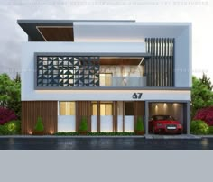 this is an artist's rendering of a modern house in the evening time, with a red car parked on the driveway