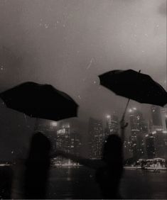 two people holding open umbrellas in front of a cityscape at night time