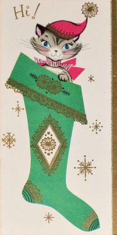 a christmas card with a cat in a stocking