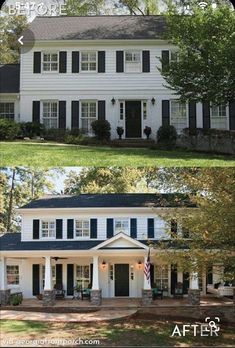 before and after photos of a white house with black shutters