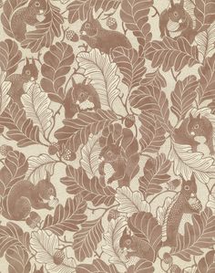 a brown and white wallpaper with leaves and animals on it