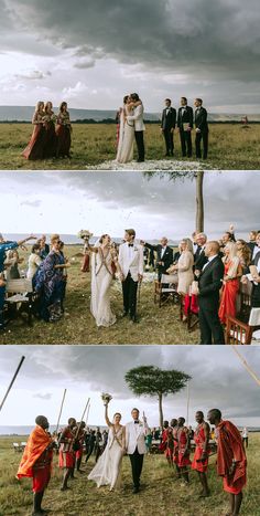 the wedding party is getting ready to walk down the aisle at this outdoor ceremony in an open field