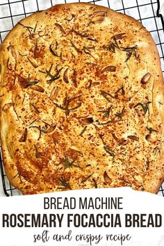 bread machine rosemary focaccia bread on a cooling rack with text overlay