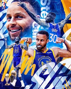 a collage of the golden state warriors and stephen curry in front of an image of each other