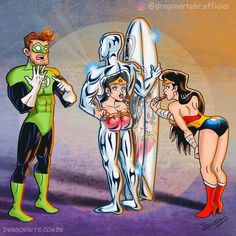 an image of three cartoon characters standing next to each other in front of a surfboard