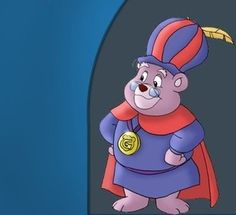 a cartoon bear wearing a cape and standing in front of a blue wall with an arrow on it's head