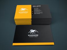 two sided business card with yellow and black color scheme on the front, side and back