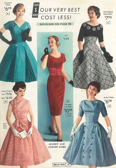 National Bellas Hess catalog, winter 1958-59 50s dress color photo print ad models magazine pink dress full skirt blue green black white red wiggle sheath velvet Mode Rockabilly, 1950 Fashion, Fifties Fashion, Outfit Chic, Fashion 1950s, 50s Style, Retro Mode, Flared Dress