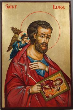 an icon of saint luke holding a baby jesus with two angels on his shoulder,