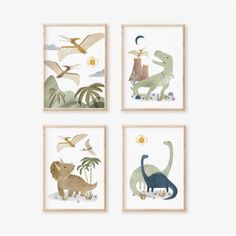 four dinosaur prints are hanging on the wall