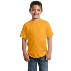 Fabric/Style: 5.5-ounce, 50/50 cotton/poly; double-needle sleeve and bottom hem. Youth sizes: XS(2-4), S(6-8), M(10-12), L(14-16), XL(18-20) Color: Gold.  Gender: female.  Age Group: kids. Tshirt Polos, Blank Tshirt, Building A Team, Logo Message, Fashion Anak, Build Brand, Tie Dye Outfits, Promotional Items, Own Logo