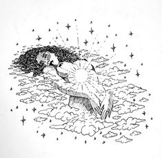 a black and white drawing of a woman floating in the water with stars around her