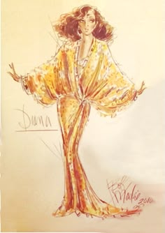 a drawing of a woman in an orange and yellow dress with her hands out to the side