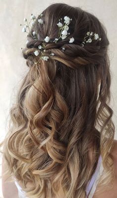 35 Enchanting Hairstyles for a Fairytale Wedding : Twisted Half Up + Baby's Breath Wedding Hair Baby’s Breath, Bride Hairstyle With Flowers, Babies Breath Hairstyles, Floral Wedding Hair Half Up, Fresh Flowers In Hair, Wedding Hairstyles Whimsical, Fairytale Hairstyles Half Up, Babys Breath Hairstyles, Garden Wedding Hairstyles Brides