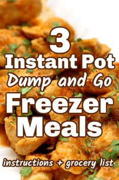 three instant pot dump and go freezer meals with text overlay that reads 3 instant pot dump and go freezer meals instructions + grocery list