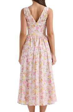 This sweet stretch-poplin midi gets a sultry update with its deeply dipped neckline and corseted bodice. Exclusive retailer Hidden back-zip closure Deep V-neck Sleeveless Lined 65% cotton, 32% nylon, 3% elastane Dry clean Imported Pink Floral Print, House Of Cb, Pink Midi Dress, Nordstrom Dresses, Deep V Neck, Pink Floral, Bodice, Top Brands, Floral Print