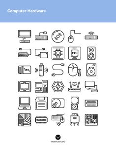 the computer hardware icon set is shown in black and white, with an outline style