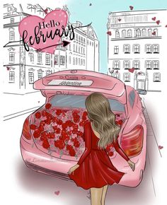 a woman standing next to a pink car with roses in it's trunk and the words hello february above her