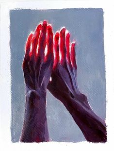 two hands reaching up towards each other with red nails on their fingers, against a blue sky background