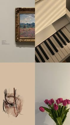 four different pictures with flowers in vases and paintings on the wall behind them, including a piano