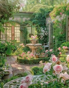 a garden with roses and a fountain surrounded by greenery