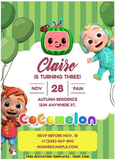 a baby shower party with two cartoon characters on the front, and green striped background