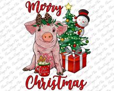 a pig sitting next to a christmas tree with presents on it and a snowman in the background