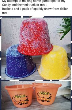 there are three different types of hats on the table and one is red, blue, yellow or orange