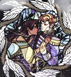 a stained glass window with two people in the center and white wings around their necks