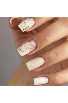 Gifiky White False Nails Short Square Press on Nails Cute Leaves Nails Tips Acrylic Full Cover Fake Nails for Women and Girls 24Pcs Greenery Nails Wedding, Fake Nails White, Her Nails, Short Acrylic Nails, Square Nails, Perfect Nails, Trendy Nails